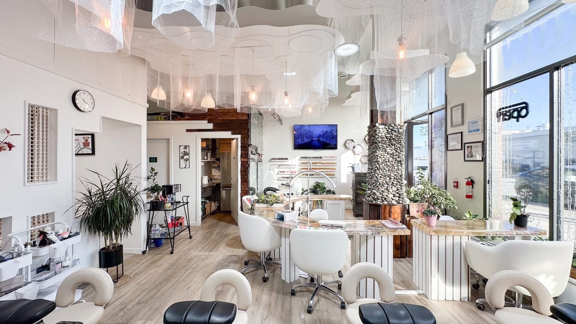 Bright interior of JOVIAL BEAUTY nail salon in Burnaby