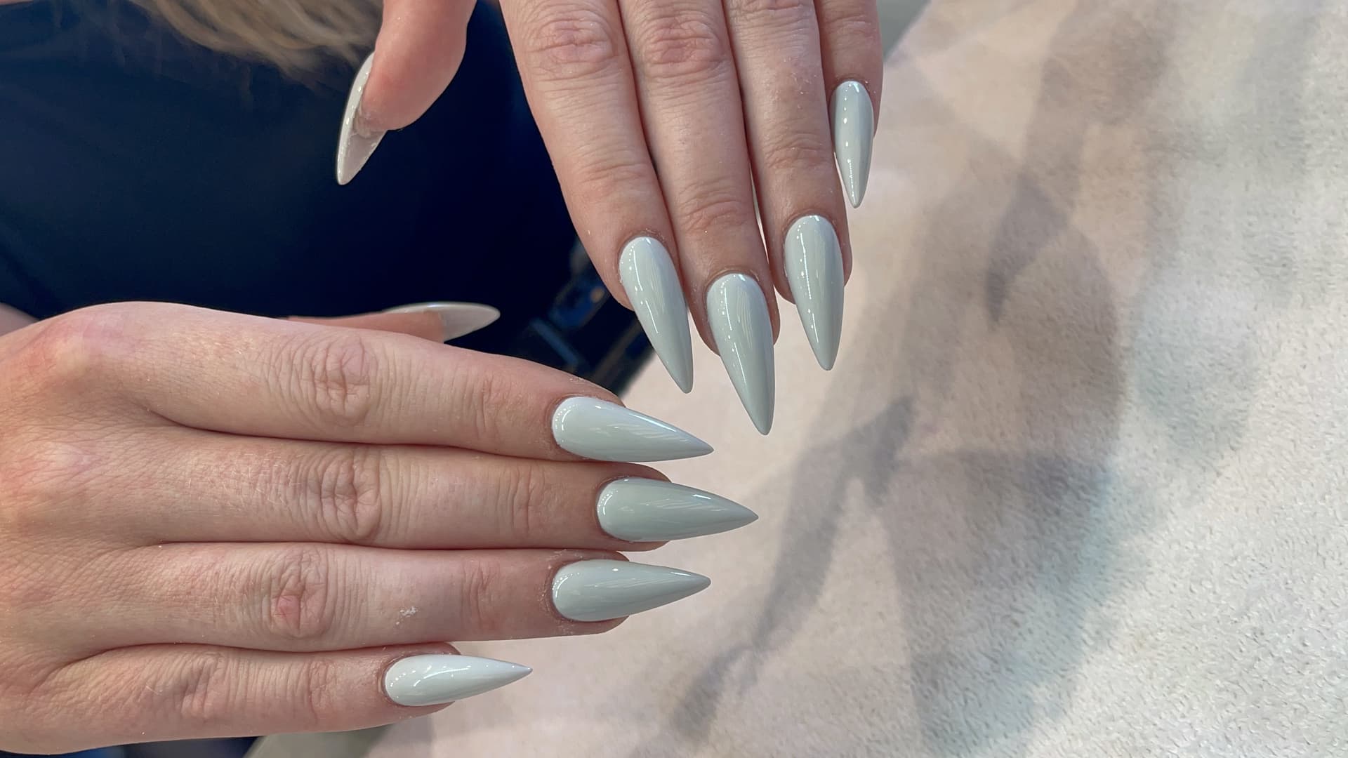 Sage almond nail extensions at JOVIAL BEAUTY